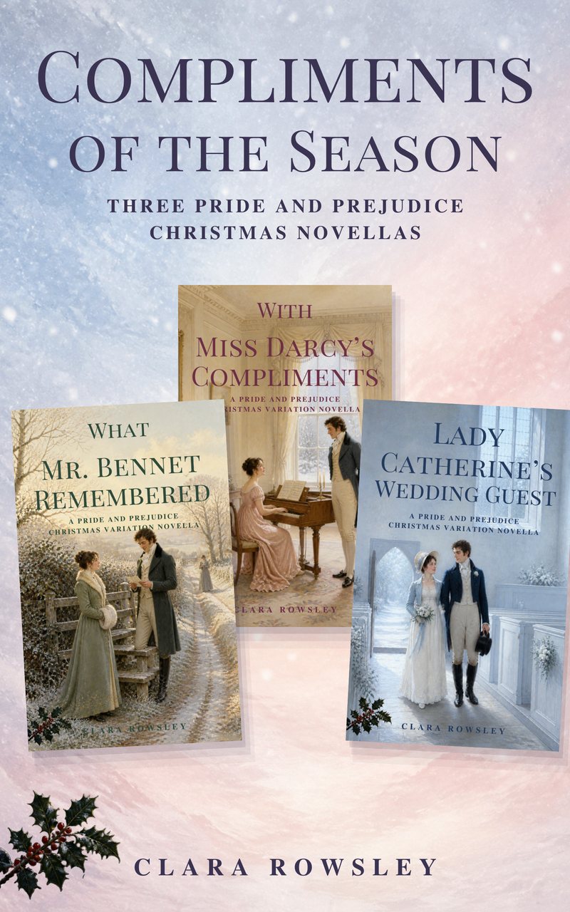 Cover of Compliments of the Season: the covers of the three novellas fanned together on a snowy sky that runs from frost blue to blush, with a sprig of holly.