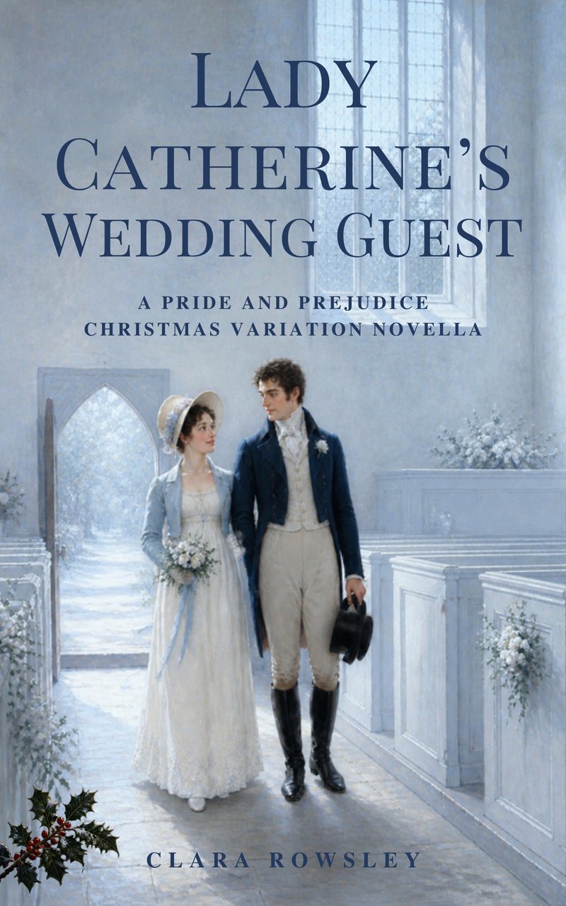 Cover of Lady Catherine’s Wedding Guest: a young lady in a white gown and pale blue spencer, holding a posy of white flowers, and a gentleman in a dark blue coat walk down the aisle of a frosted country church, its door open on a snowy path.