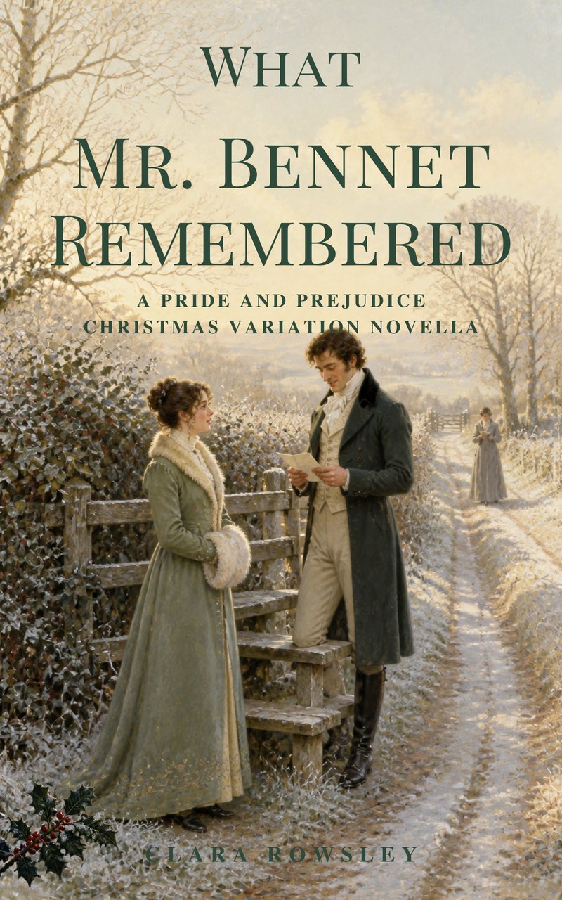 Cover of What Mr. Bennet Remembered: on a frosted lane a young lady in a sage-green pelisse with a white muff stands at a wooden stile while a gentleman in a long dark coat reads a letter; bare trees and a pale winter sun behind them.