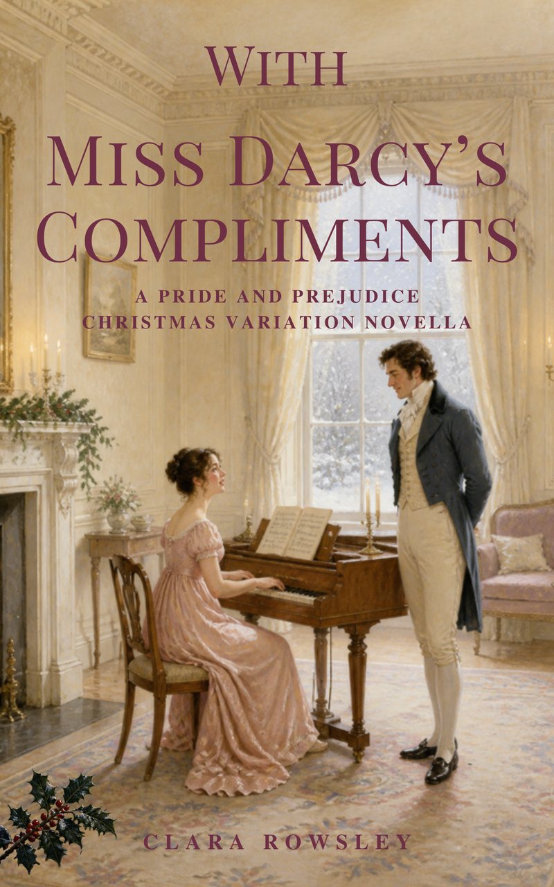 Cover of With Miss Darcy’s Compliments: in a pale gold drawing room a young lady in a rose-pink gown sits at the pianoforte while a gentleman in a dark coat stands listening; snow falls beyond the tall window.